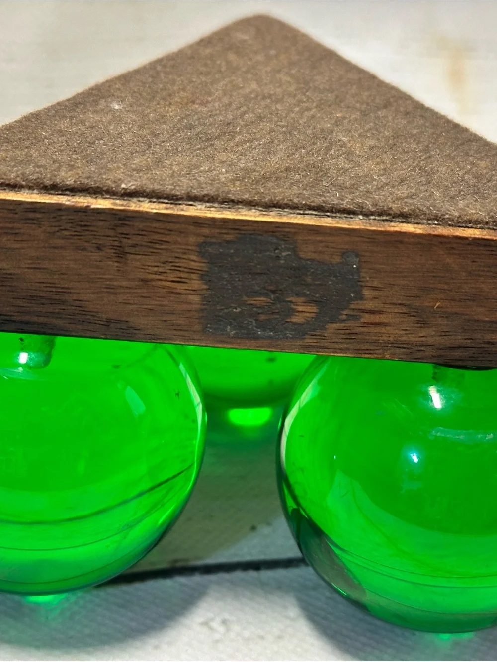 Vintage Green Lucite Atomic MCM Ball Candles & Holder Pair  Triangle Wood  Base